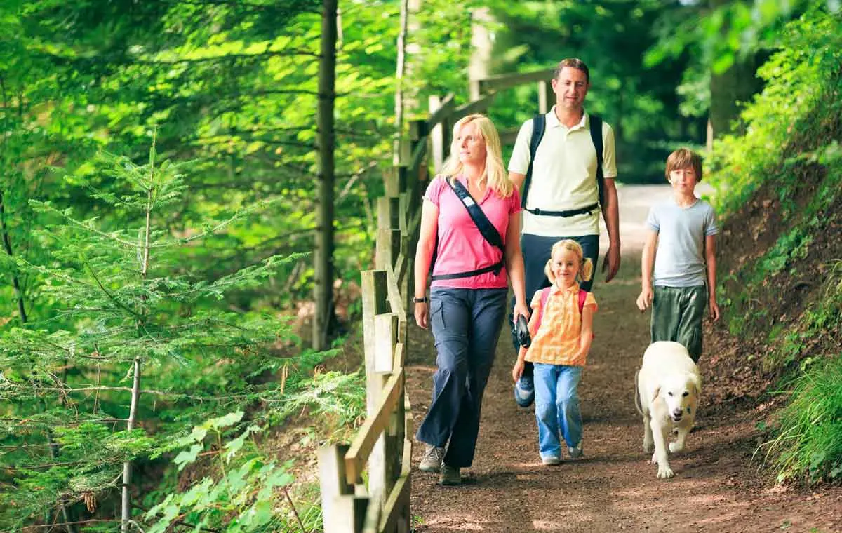 Family hiking in Georgia with their labrador dog